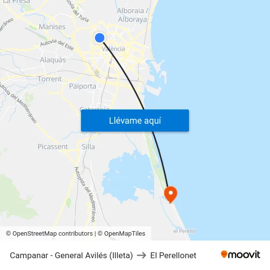 Campanar - General Avilés (Illeta) to El Perellonet map