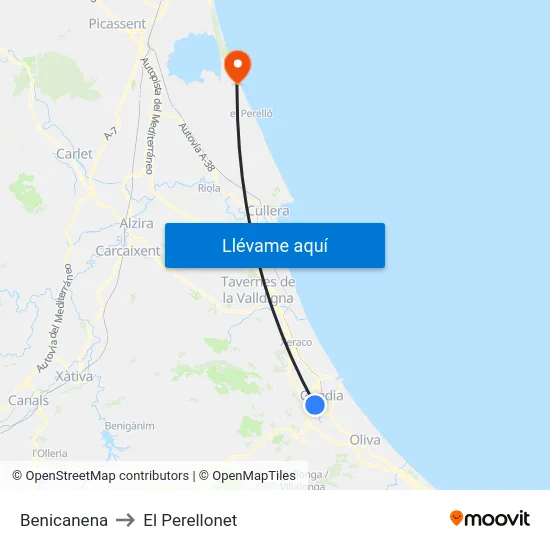 Benicanena to El Perellonet map