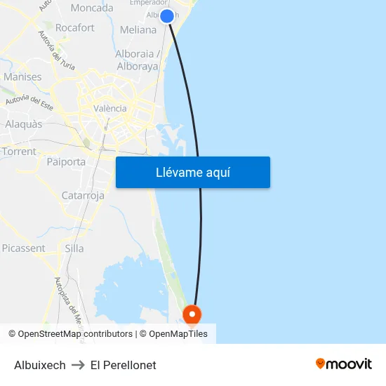 Albuixech to El Perellonet map