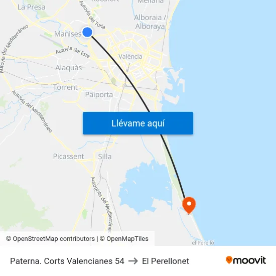 Paterna. Corts Valencianes 54 to El Perellonet map