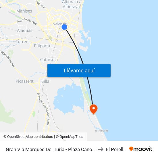 Gran Vía Marqués Del Turia - Plaza Cánovas  [València] to El Perellonet map