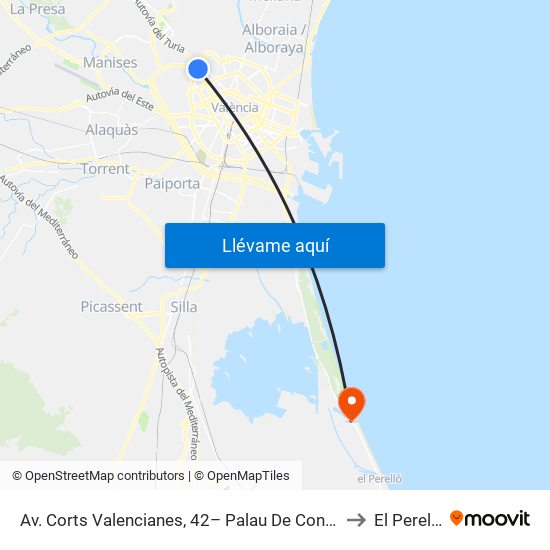 Av. Corts Valencianes, 42– Palau De Congressos [València] to El Perellonet map