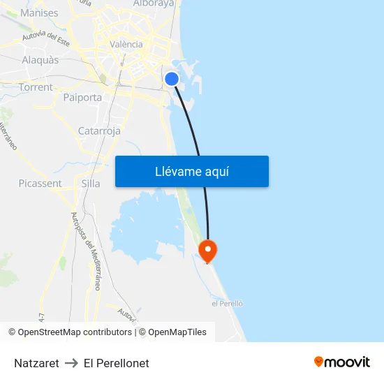 Natzaret to El Perellonet map