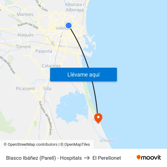 Blasco Ibáñez (Parell) - Hospitals to El Perellonet map