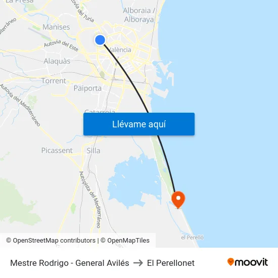 Mestre Rodrigo - General Avilés to El Perellonet map