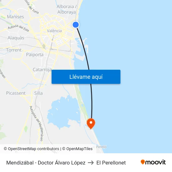 Mendizábal - Doctor Álvaro López to El Perellonet map