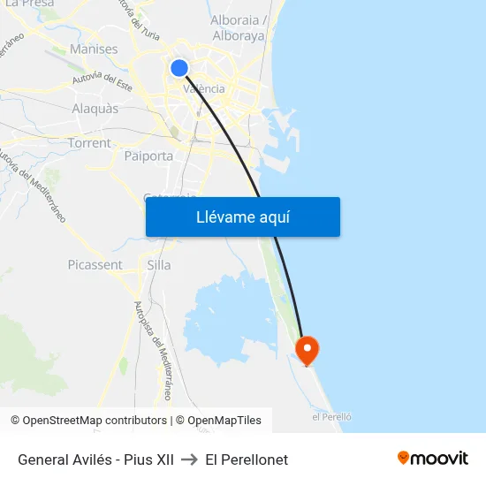 General Avilés - Pius XII to El Perellonet map