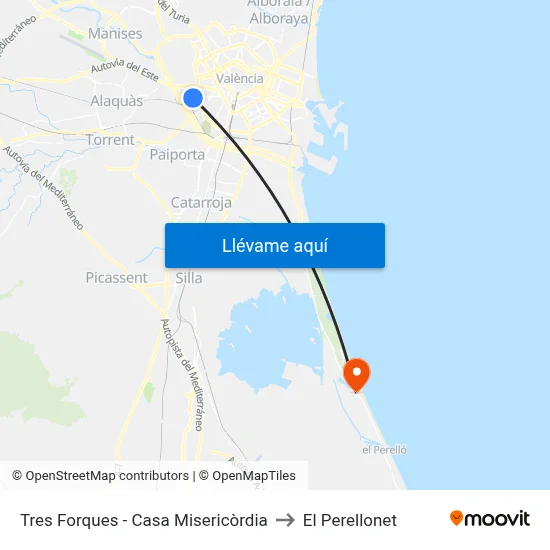 Tres Forques - Casa Misericòrdia to El Perellonet map