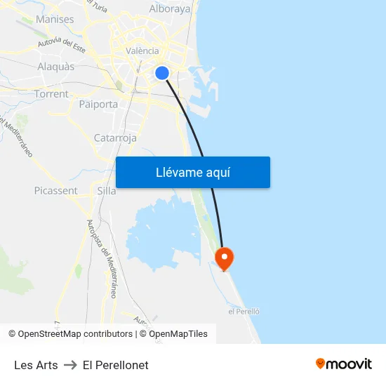 Les Arts to El Perellonet map