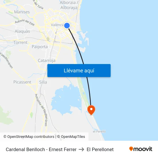 Cardenal Benlloch - Ernest Ferrer to El Perellonet map