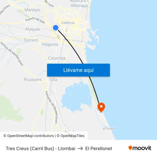 Tres Creus (Carril Bus) - Llombai to El Perellonet map