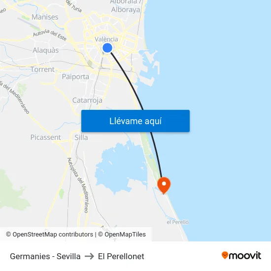 Germanies - Sevilla to El Perellonet map