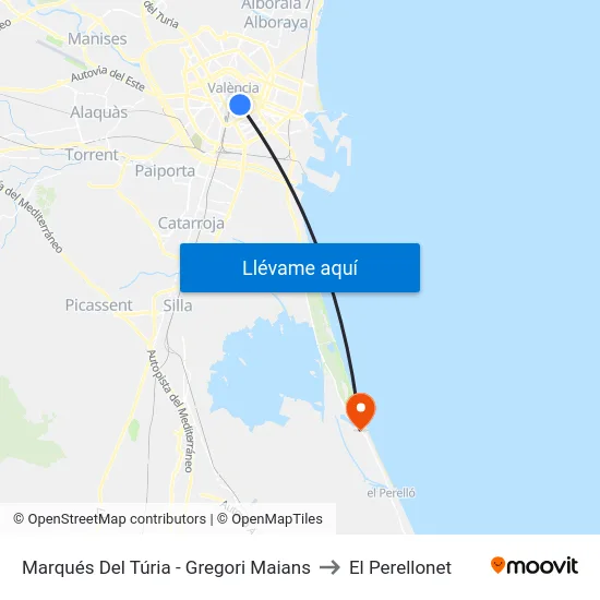 Marqués Del Túria - Gregori Maians to El Perellonet map