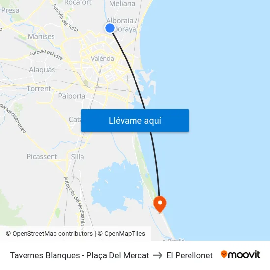 Tavernes Blanques - Plaça Del Mercat to El Perellonet map