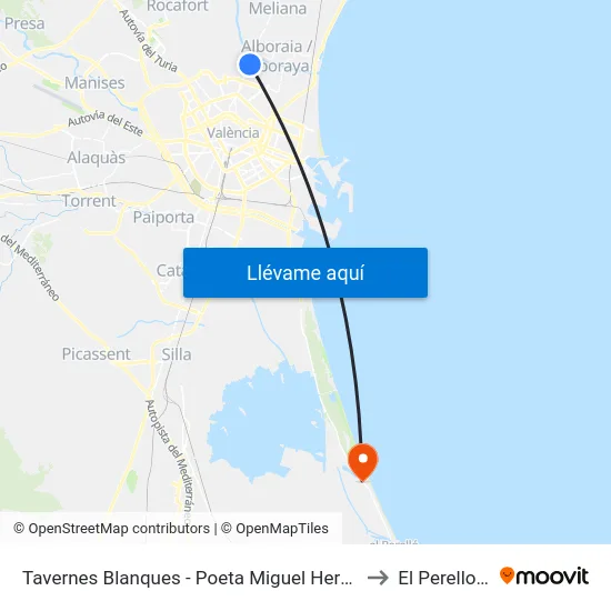 Tavernes Blanques - Poeta Miguel Hernández to El Perellonet map