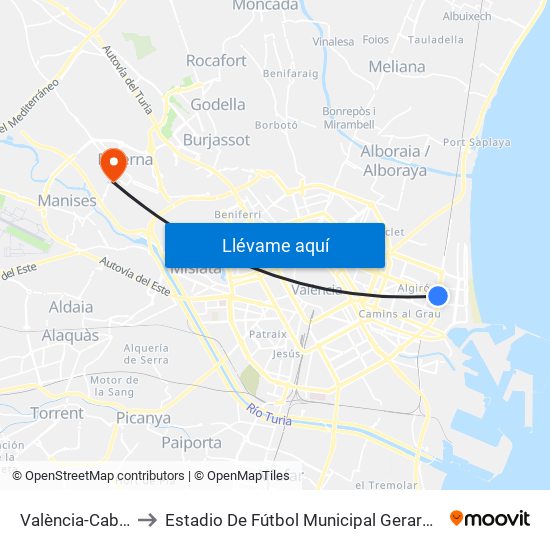 València-Cabanyal to Estadio De Fútbol Municipal Gerardo Salvador map
