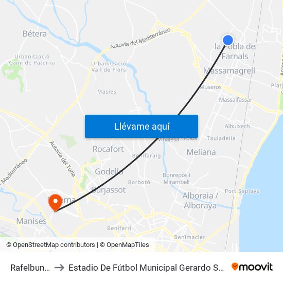 Rafelbunyol to Estadio De Fútbol Municipal Gerardo Salvador map