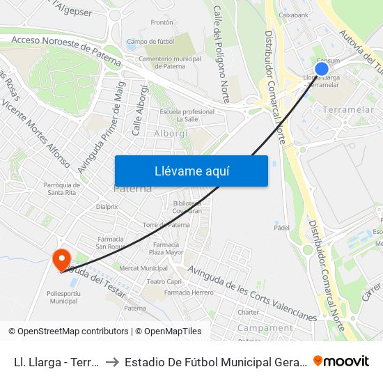 Ll. Llarga - Terramelar to Estadio De Fútbol Municipal Gerardo Salvador map