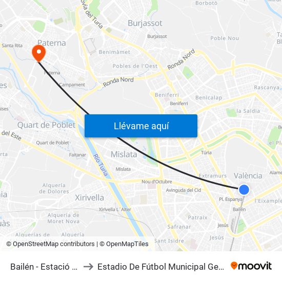 Estació Del Nord - Bailén to Estadio De Fútbol Municipal Gerardo Salvador map