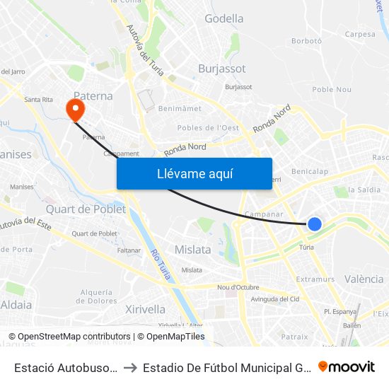 Estació Autobusos València to Estadio De Fútbol Municipal Gerardo Salvador map