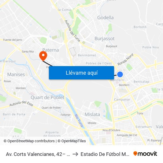 Av. Corts Valencianes, 42– Palau De Congressos [València] to Estadio De Fútbol Municipal Gerardo Salvador map