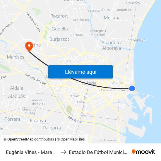 Eugènia Viñes - Mare De Déu Del Sufragi to Estadio De Fútbol Municipal Gerardo Salvador map