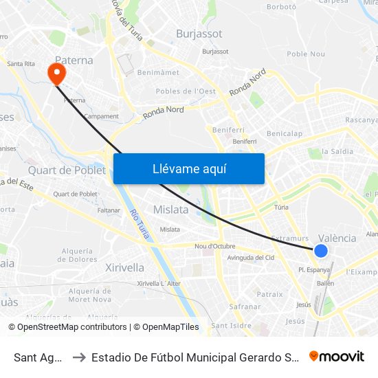 Estació Del Nord - Guillem De Castro to Estadio De Fútbol Municipal Gerardo Salvador map