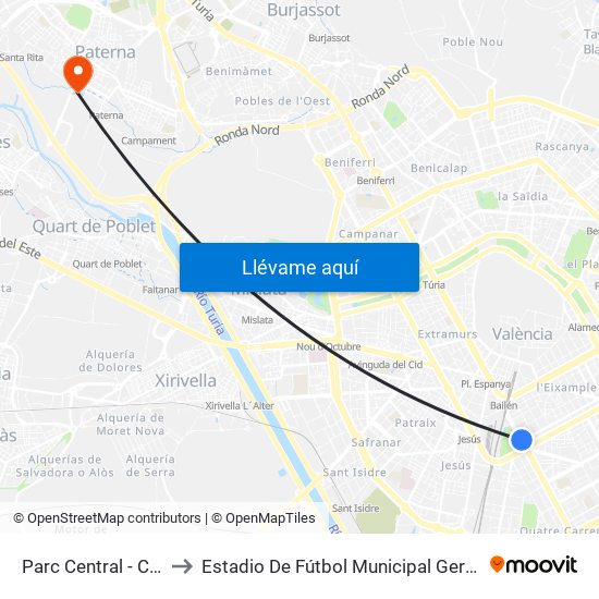 Parc Central to Estadio De Fútbol Municipal Gerardo Salvador map