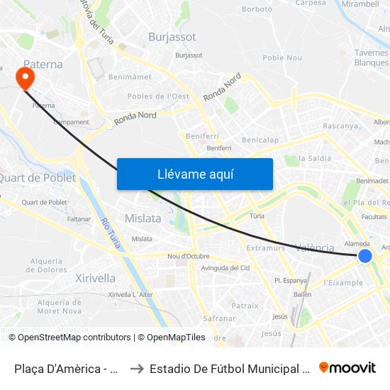 Plaça Amèrica to Estadio De Fútbol Municipal Gerardo Salvador map