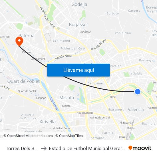 Torres Dels Serrans to Estadio De Fútbol Municipal Gerardo Salvador map