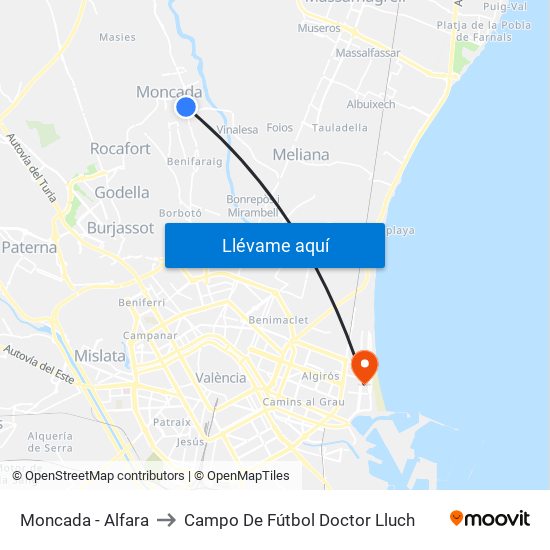 Moncada - Alfara to Campo De Fútbol Doctor Lluch map