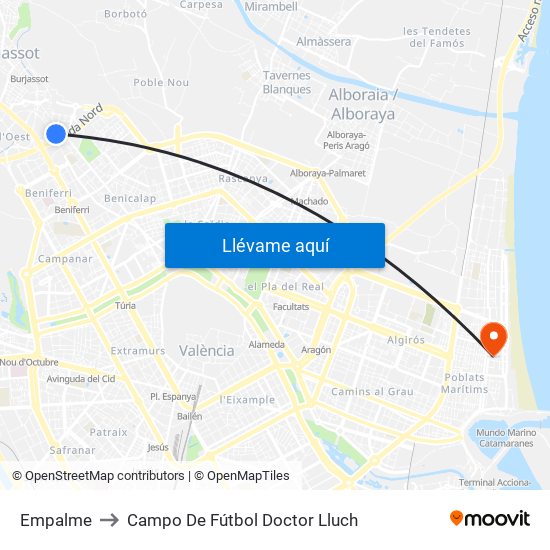 Empalme to Campo De Fútbol Doctor Lluch map