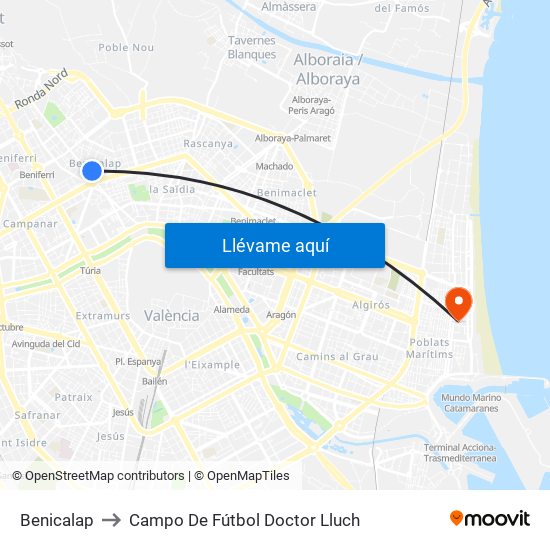 Benicalap to Campo De Fútbol Doctor Lluch map