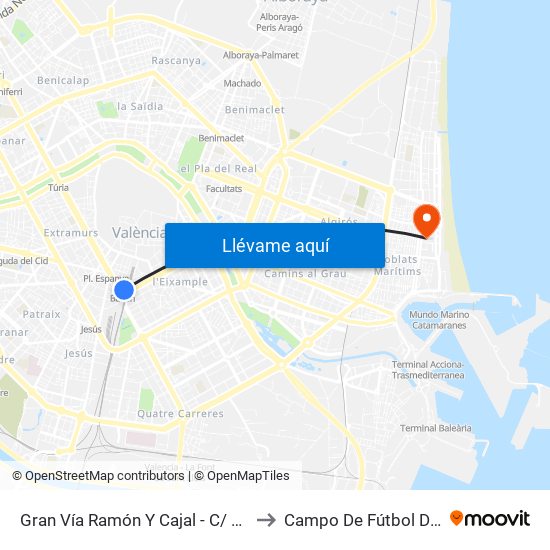 Gran Vía Ramón Y Cajal - C/ Bailén [València] to Campo De Fútbol Doctor Lluch map