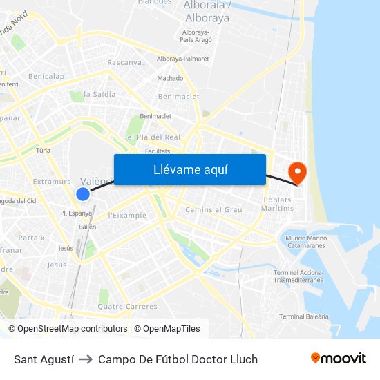 Estació Del Nord - Guillem De Castro to Campo De Fútbol Doctor Lluch map