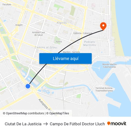 Ciutat De La Justícia to Campo De Fútbol Doctor Lluch map