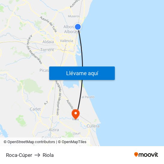 Roca-Cúper to Riola map
