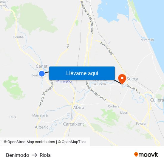 Benimodo to Riola map