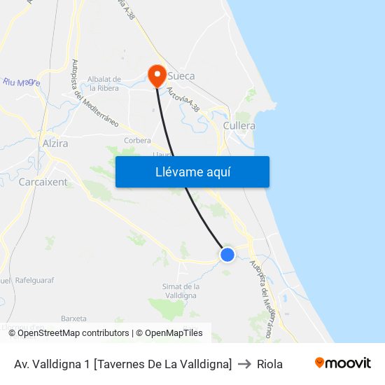 Av. Valldigna 1 [Tavernes De La Valldigna] to Riola map