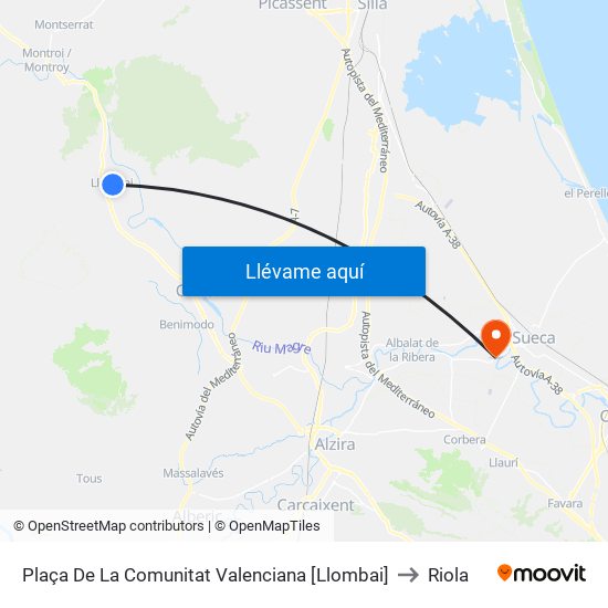 Plaça De La Comunitat Valenciana [Llombai] to Riola map