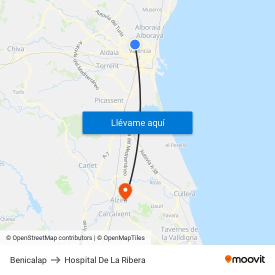 Benicalap to Hospital De La Ribera map