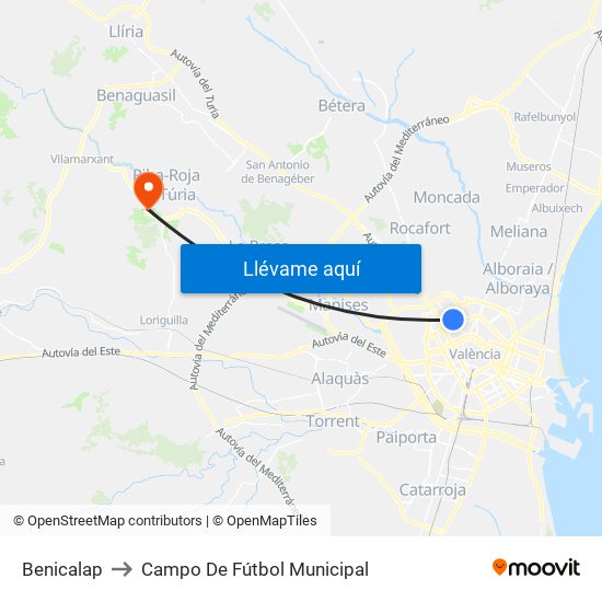 Benicalap to Campo De Fútbol Municipal map
