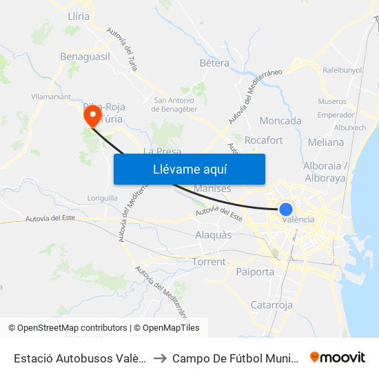 Estació Autobusos València to Campo De Fútbol Municipal map