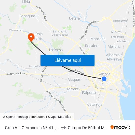Gran Vía Germanias Nº 41 [València] to Campo De Fútbol Municipal map