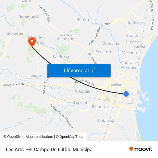 Les Arts to Campo De Fútbol Municipal map