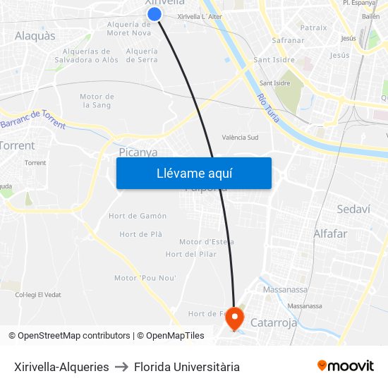 Xirivella-Alqueries to Florida Universitària map