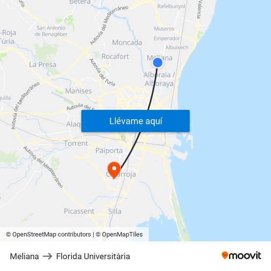 Meliana to Florida Universitària map