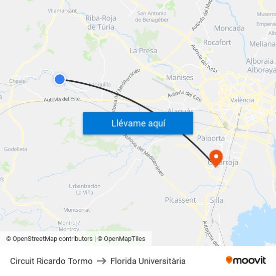 Circuit Ricardo Tormo to Florida Universitària map