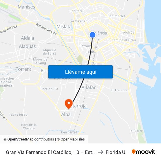 Gran Vía Fernando El Católico, 10 – Estació Metro Ángel Guimerá [València] to Florida Universitària map