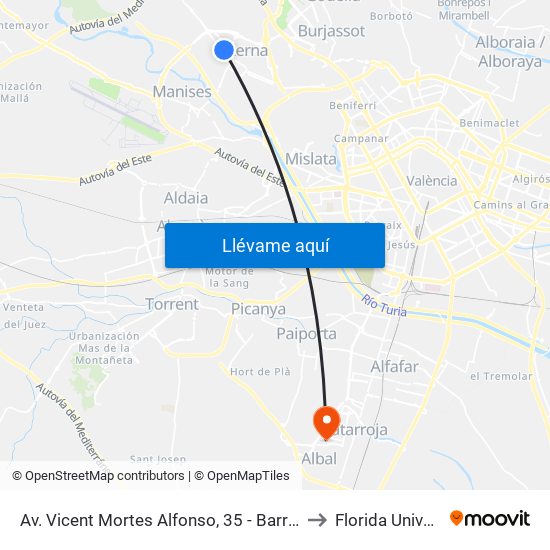 Av. Vicent Mortes Alfonso, 35 - Barranquet [Paterna] to Florida Universitària map